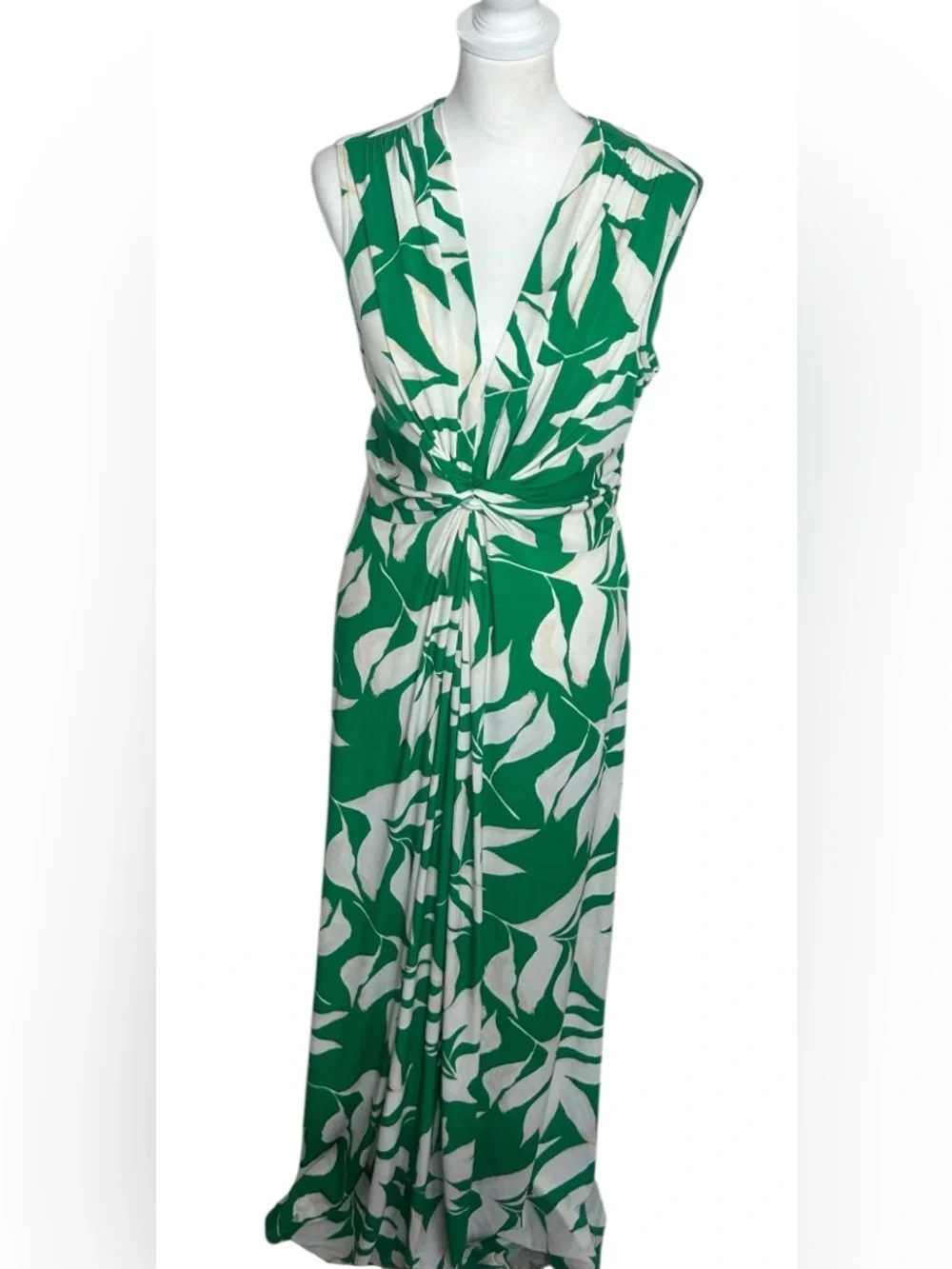 Eliza J EUC Twist Front Green White Sleeveless Leaf-Print Maxi Dress Sz 16 Boho